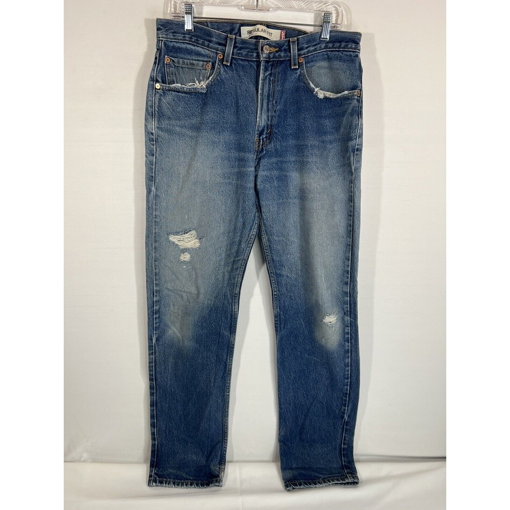 Levis 505 Jeans Mens 33x36 Distressed Blue Regular Fit Denim Red Tab